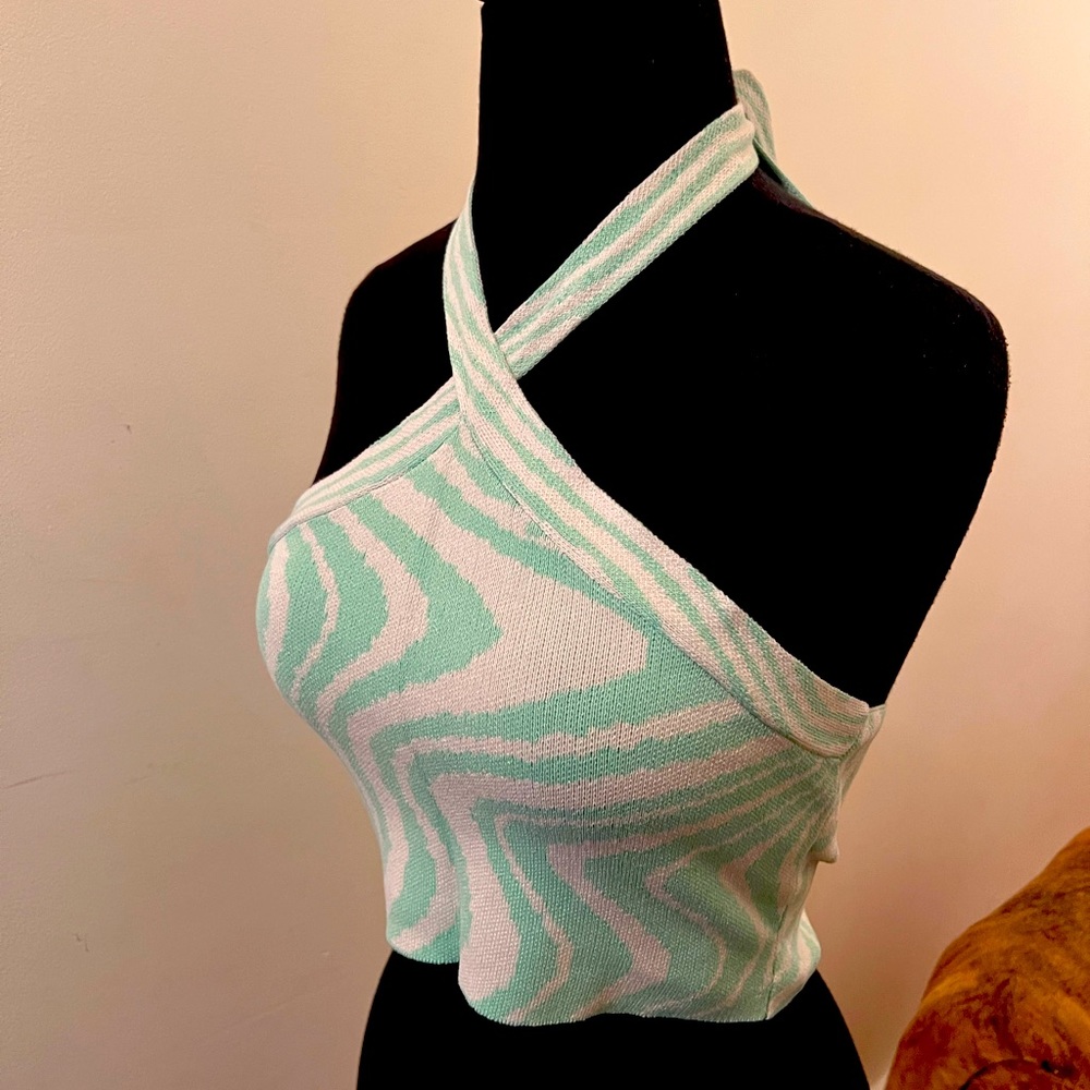 Blue Blush halter crop top. Small. Light blue and white swirl.